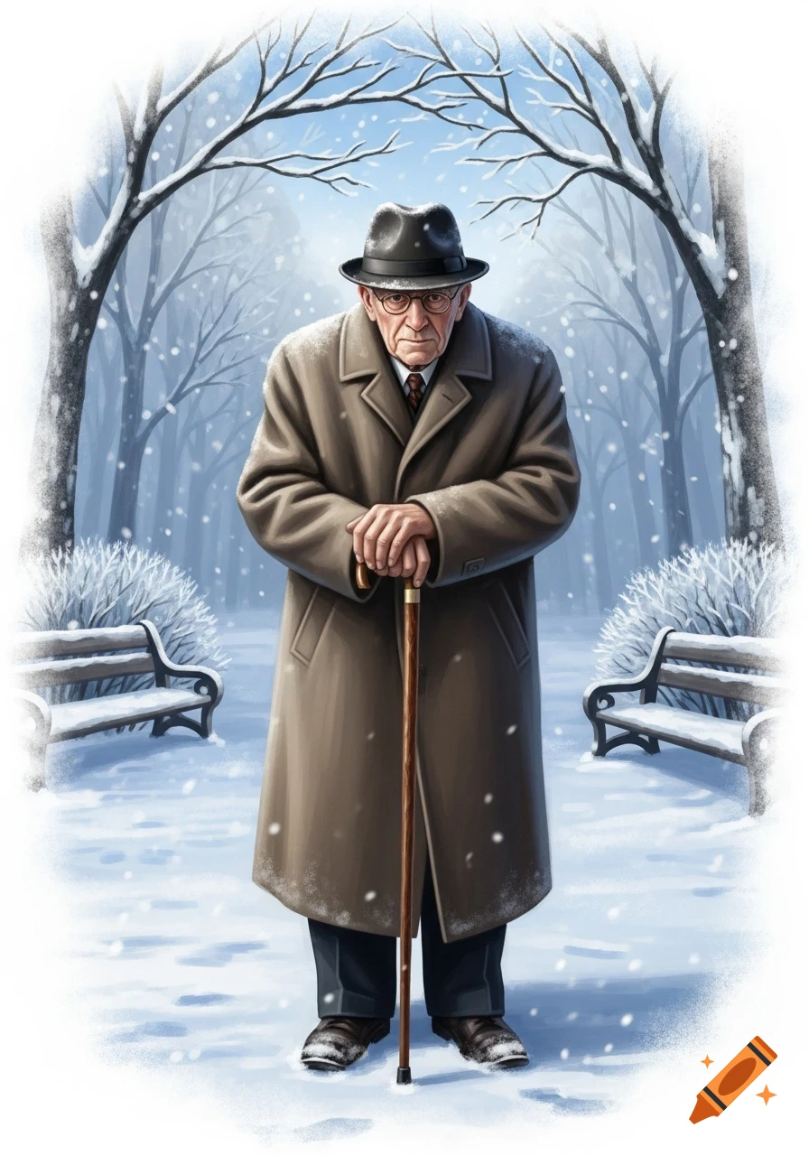 An elderly man in a hat and coat stands with a cane in a snowy park with bare trees and benches. Illustrated style.