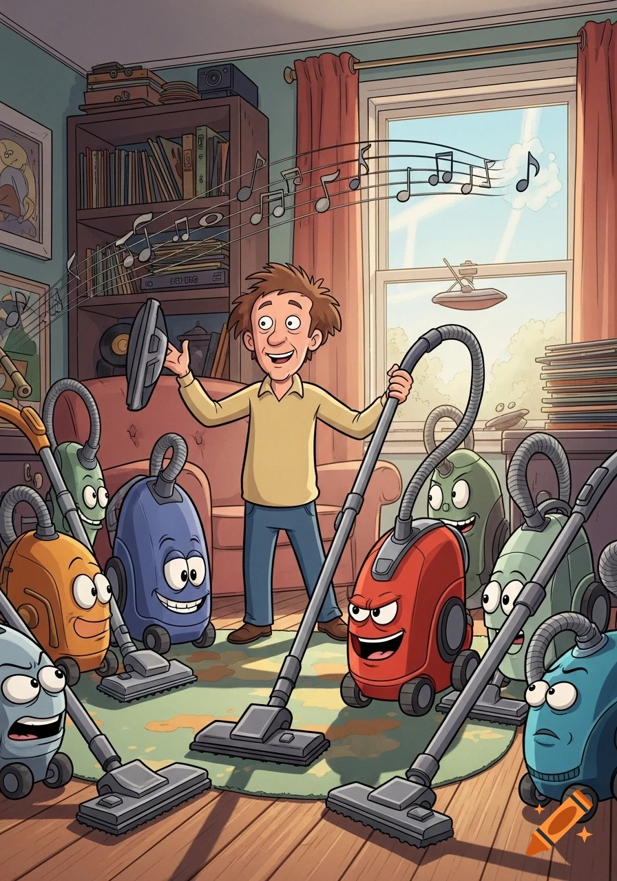 A happy cartoon man conducts a symphony of anthropomorphic vacuum cleaners in a vibrant living room.
