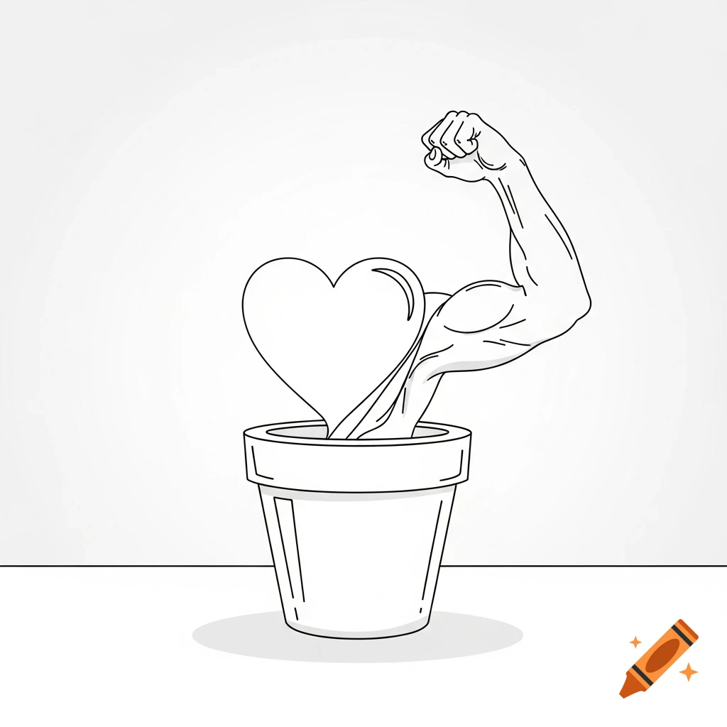 A line art illustration of a muscular arm flexing next to a heart, both emerging from a simple garden pot.
