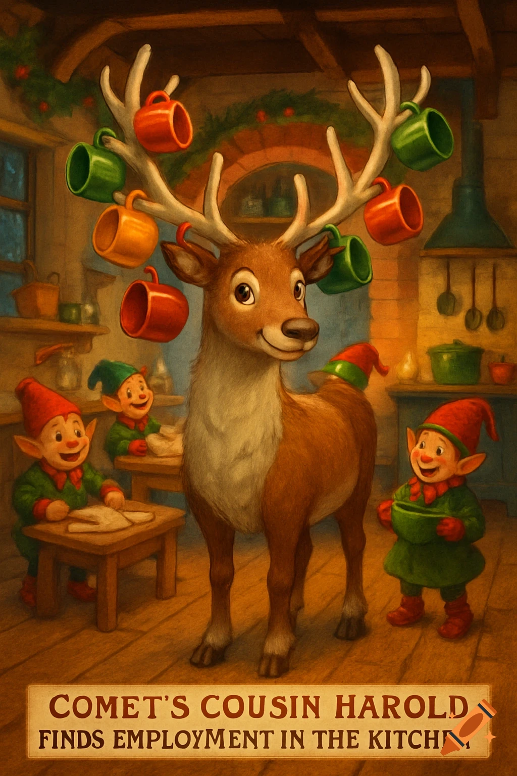 A cartoon reindeer with mugs on its antlers smiles in a festive kitchen, surrounded by smiling elves making food.
