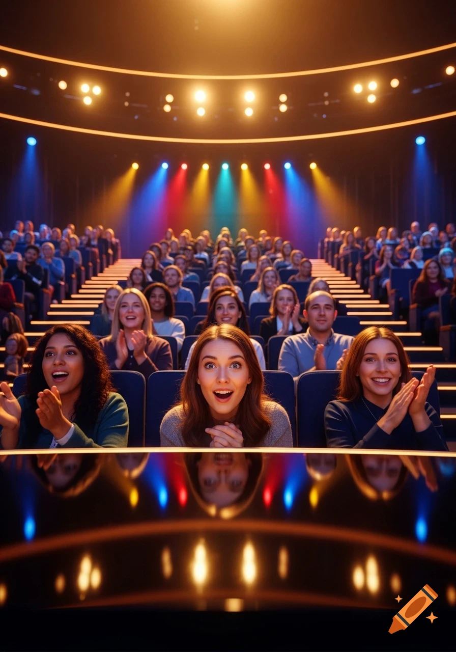 A diverse audience in a darkened studio or theater claps and reacts with engaged expressions, illuminated by colorful stage lights.