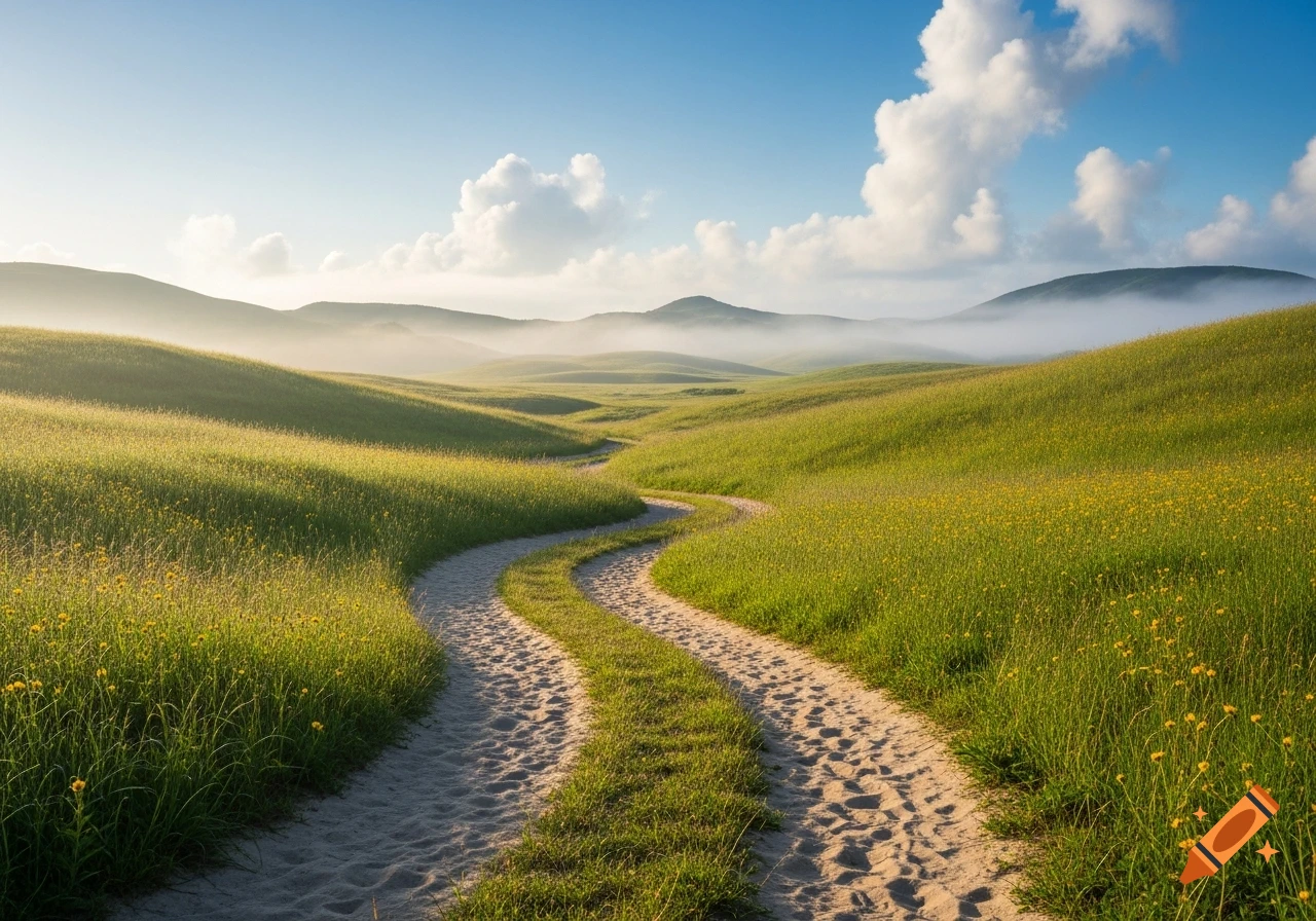 A winding sandy path meanders through lush green hills dotted with small yellow flowers under a bright, misty sky.