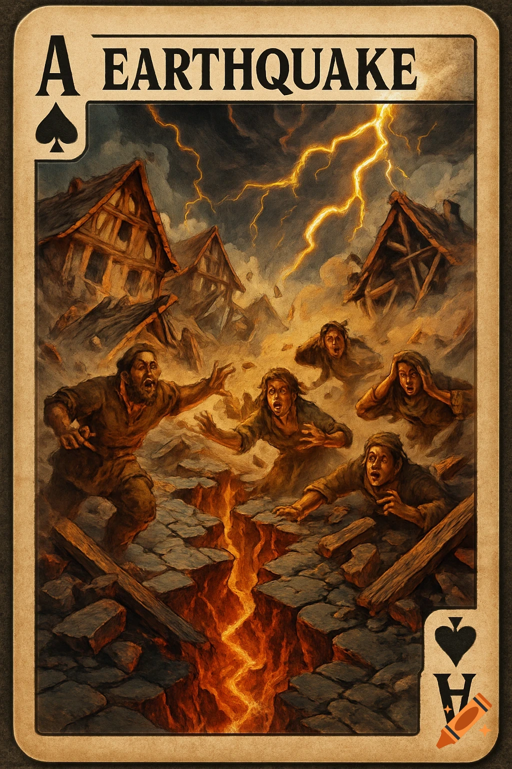 A playing card, Ace of Spades, depicting terrified people fleeing a fiery earthquake in a crumbling village under a stormy, lightning sky.