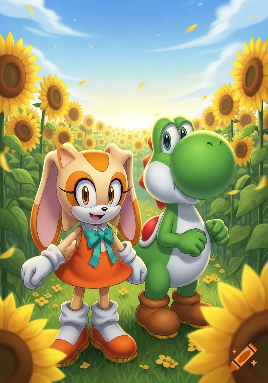 Cream the Rabbit and Yoshi stand smiling in a vibrant sunflower field under a blue sky.