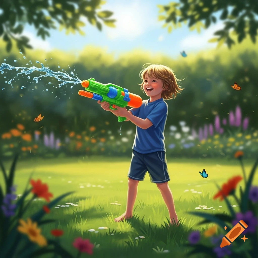 A smiling child with blonde hair plays with a green, orange, and blue water gun, spraying water in a sunny garden.
