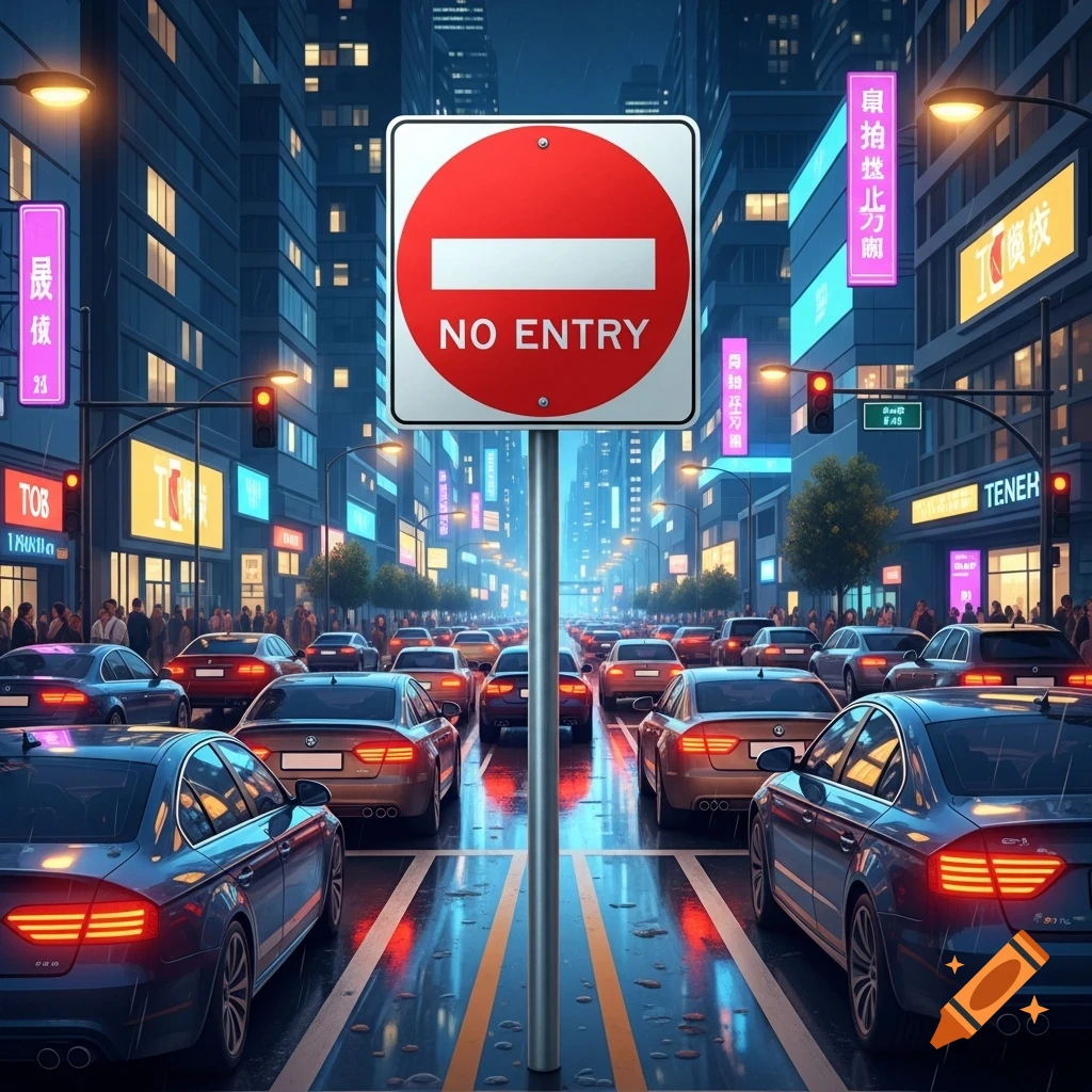 A bustling city street at night, with a prominent 'NO ENTRY' sign in the foreground amidst heavy car traffic and neon-lit buildings.