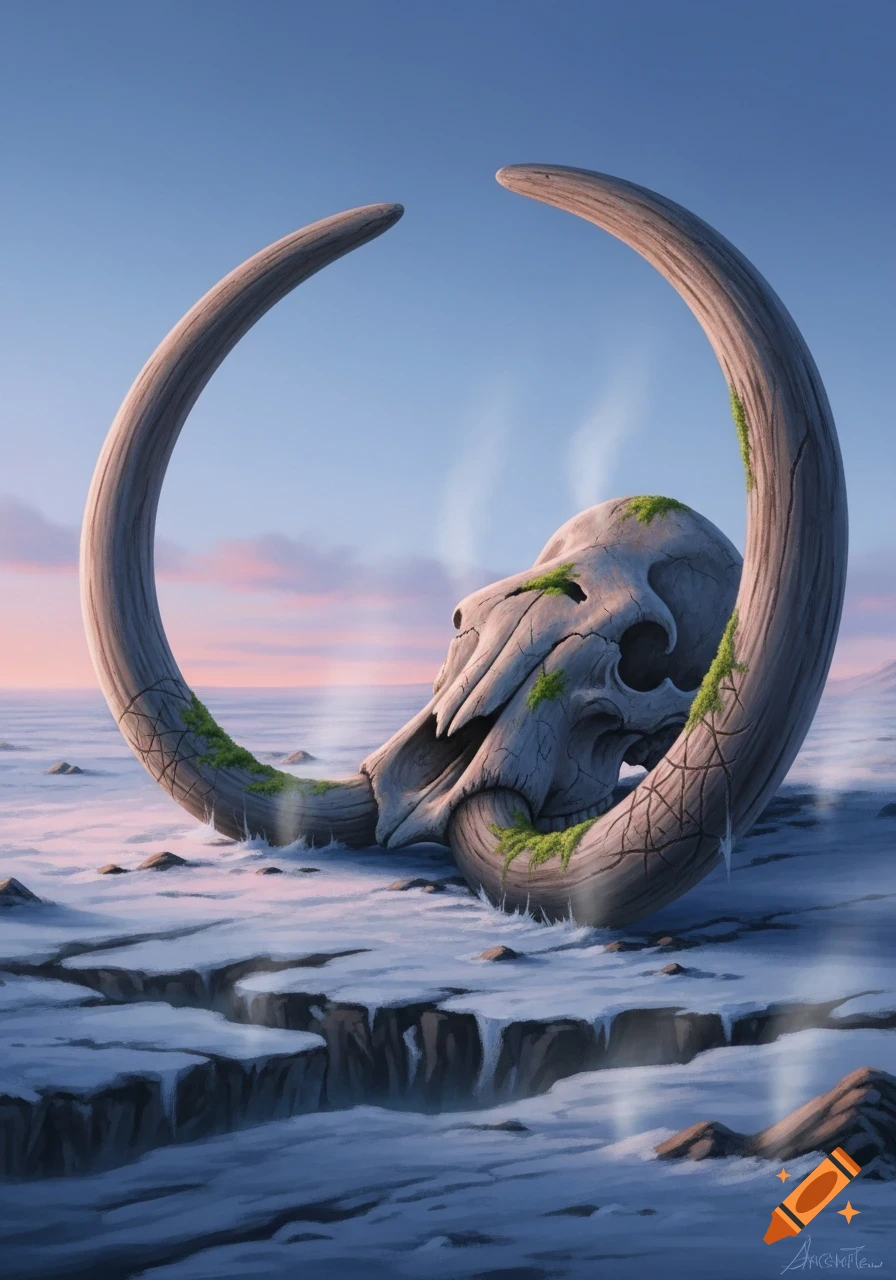 A massive, weathered mammoth skull and tusks, adorned with moss, rests in a snowy, icy tundra under a pastel sky.