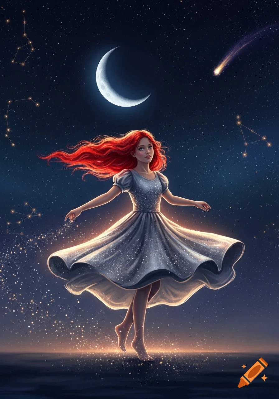 Red-haired girl in a sparkling dress dances gracefully under a crescent moon and starry night sky with constellations.