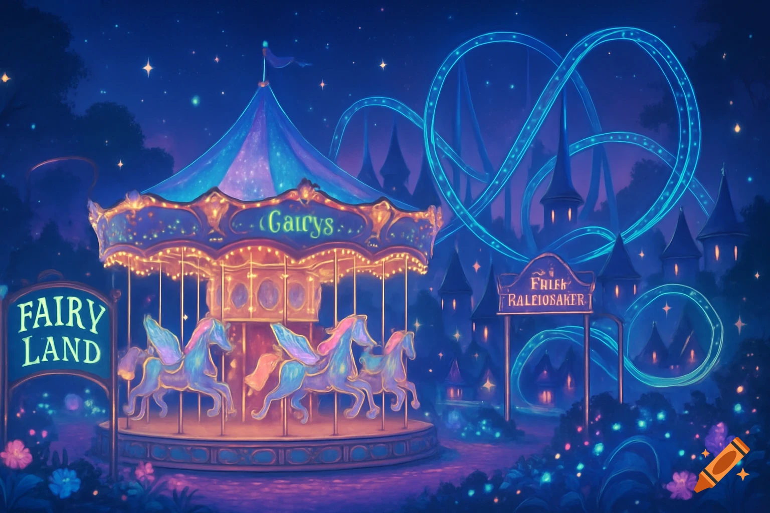 A vibrant, fantasy amusement park at night with a carousel, glowing horses, a 'FAIRY LAND' sign, and blue neon roller coaster tracks under a starry sky.