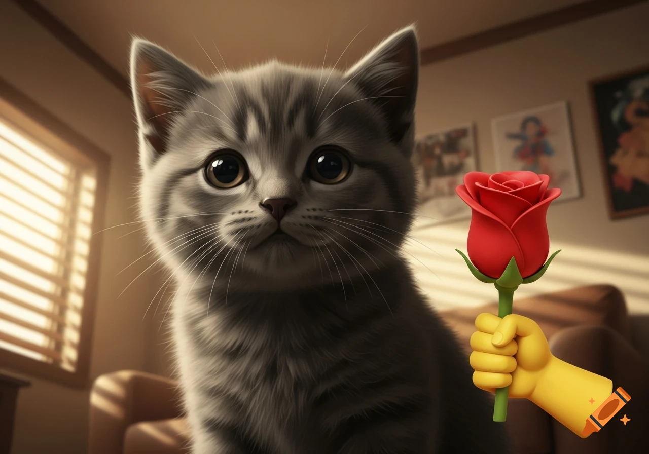 A charming, fluffy gray kitten with wide eyes looks at the viewer, as a yellow emoji hand presents a red rose emoji in the foreground.
