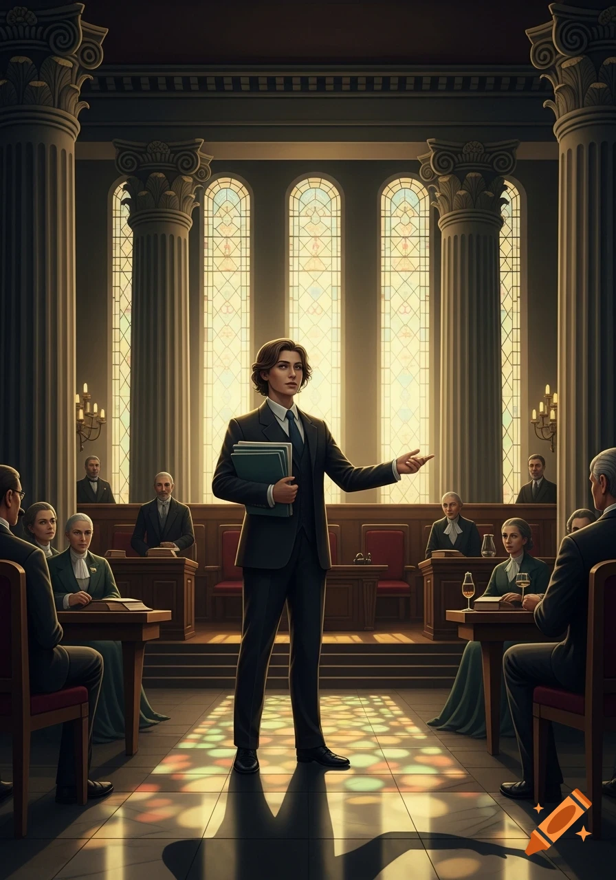 A well-dressed person speaks, holding papers, in a grand courtroom with high columns and large stained-glass windows, addressing seated figures.