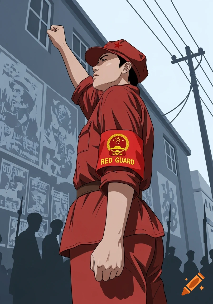 Illustration in propaganda style of a young Red Guard in uniform with a raised fist, against a backdrop of posters and silhouettes.