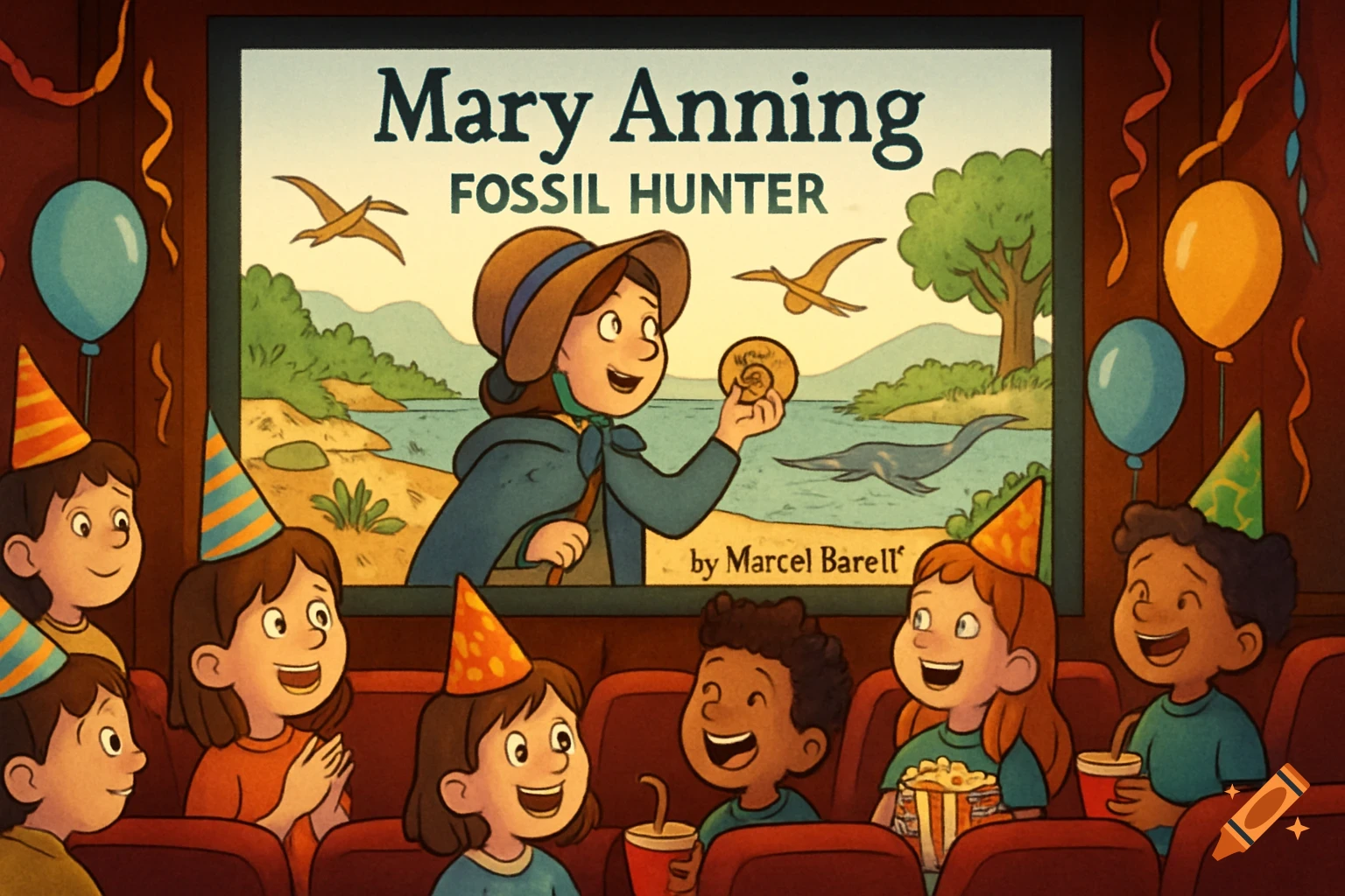 Cartoon image of diverse children with party hats in a movie theater watching an animated film titled 'Mary Anning Fossil Hunter'.