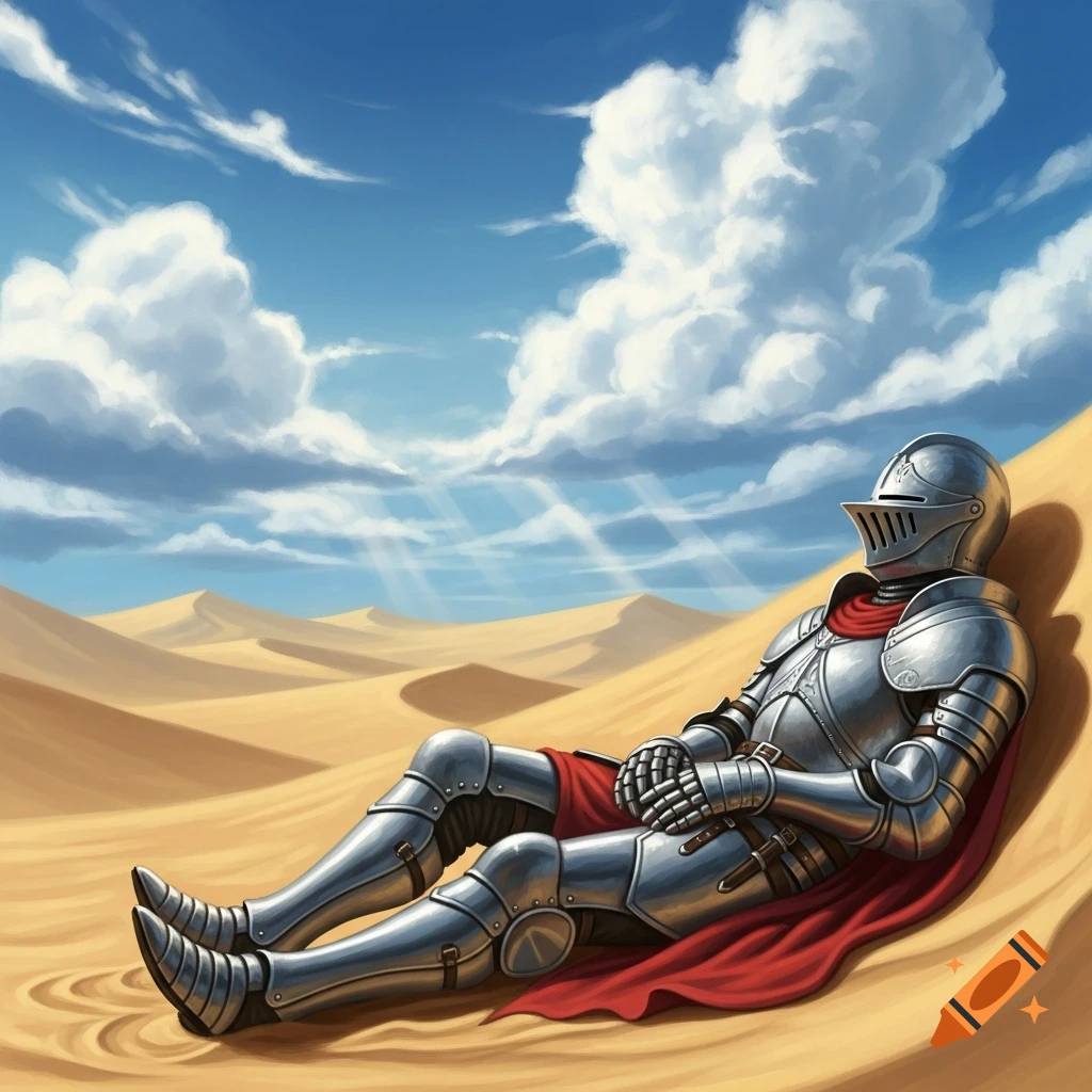 An armored knight in a red cape rests on a sand dune in a vast desert under a cloudy blue sky.
