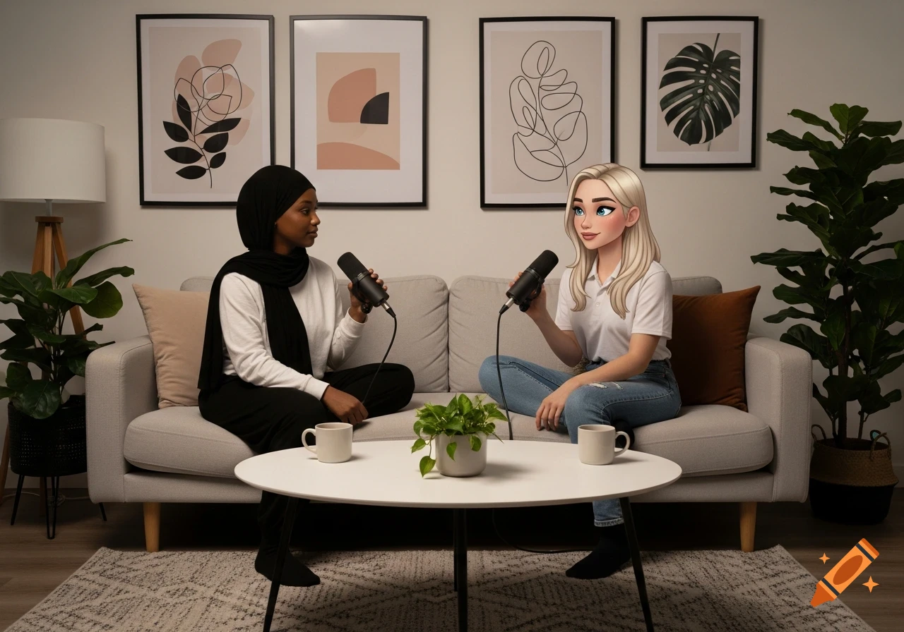 A photorealistic woman in a hijab and a blonde cartoon woman record a podcast with microphones on a sofa in a modern living room.