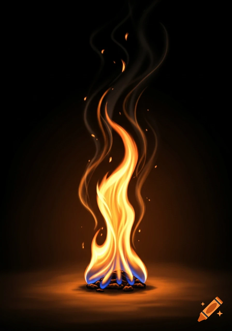 Vibrant stylized flame with orange, yellow, and blue at the base, smoke, and embers, glowing against a dark background.