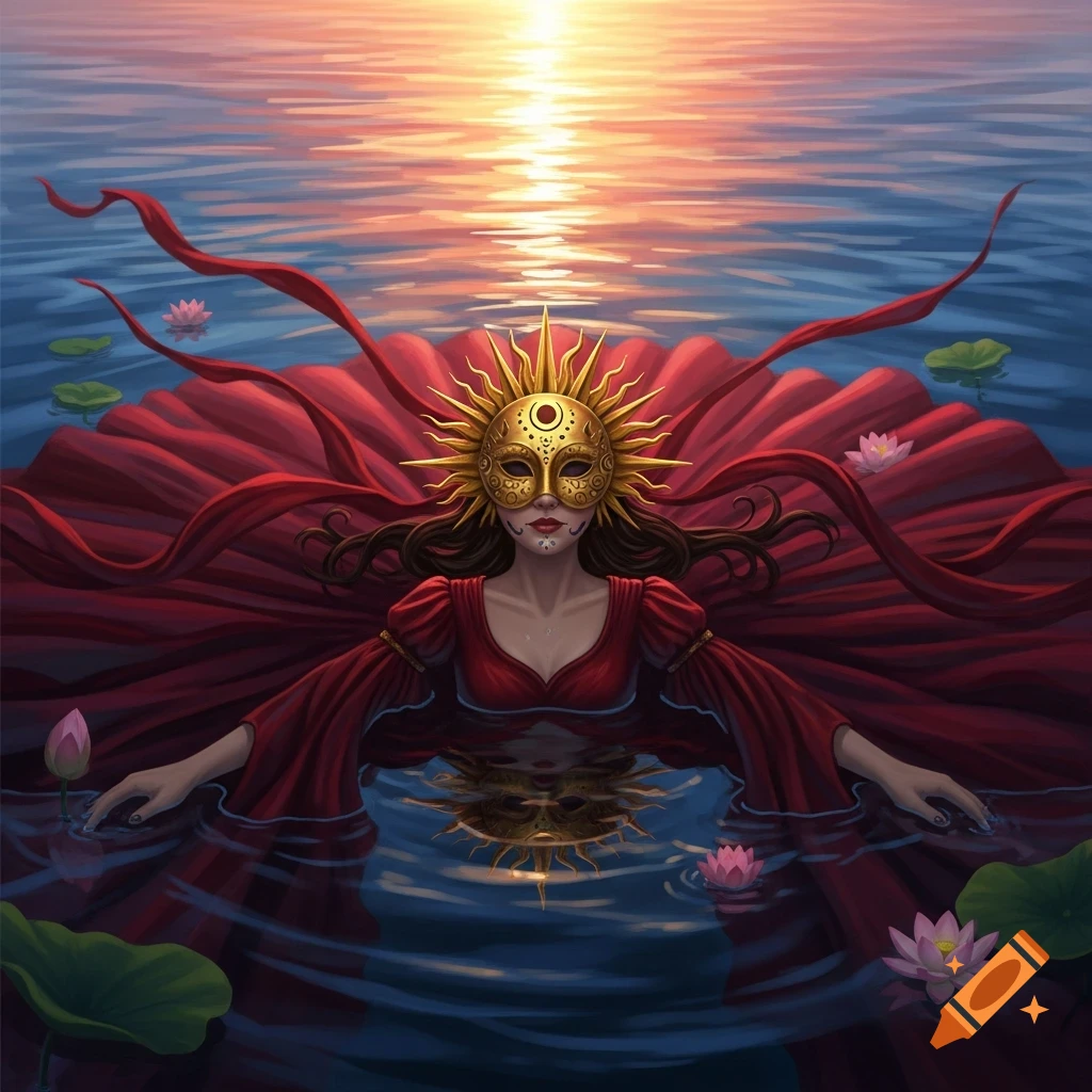 A masked woman in a red dress floats in water at sunset, surrounded by lotus flowers, with her reflection visible.