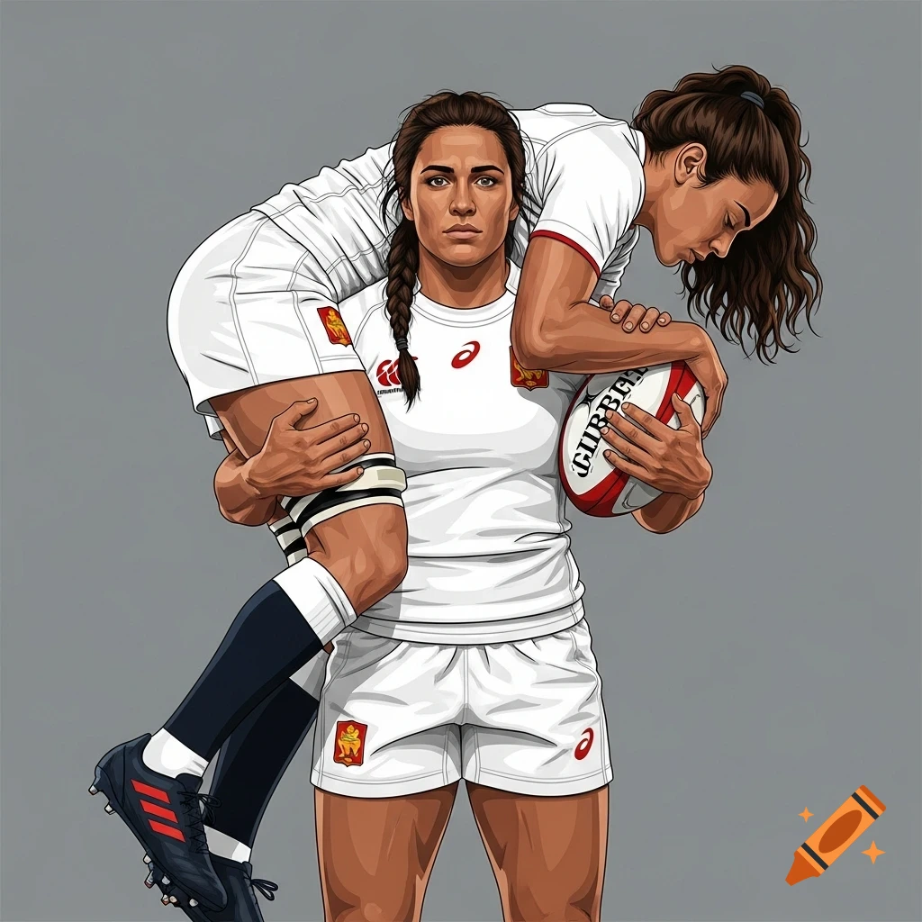 Illustration of one woman rugby player carrying another fainted teammate on her shoulders, both in white uniforms.