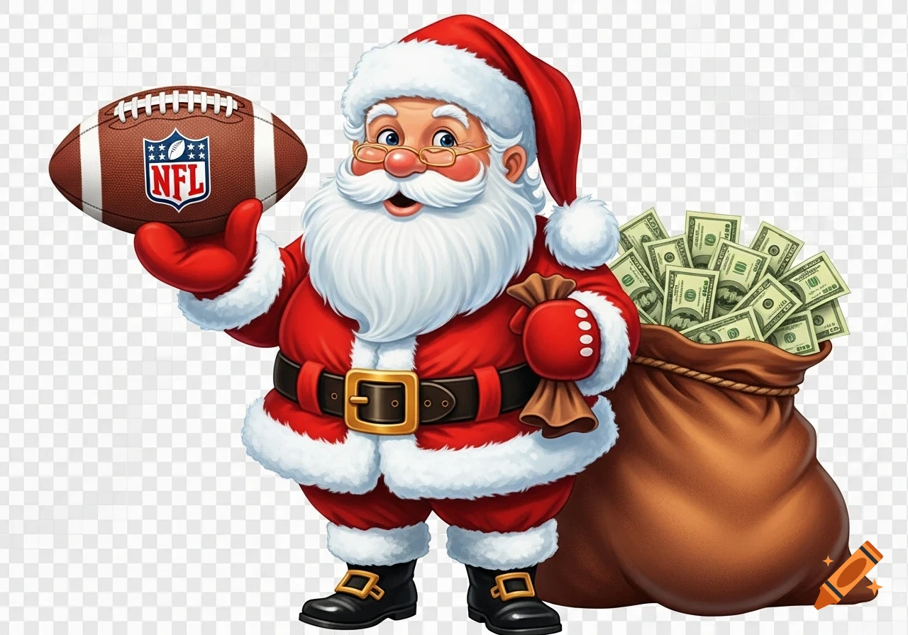 A cartoon Santa Claus holds an NFL football in one hand and a sack brimming with money in the other.