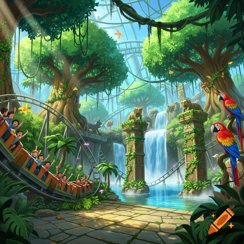 Vibrant illustration of a jungle-themed amusement park with people riding a roller coaster, waterfalls, and exotic birds under a glass dome.