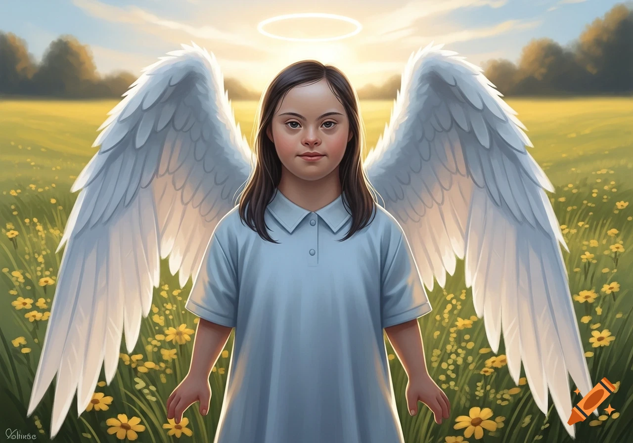 A young girl with angel wings and a halo stands in a sunny field of yellow flowers.