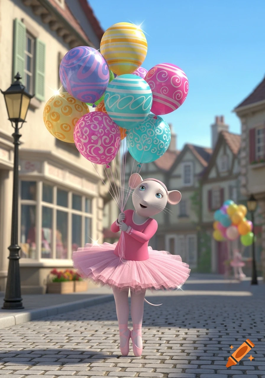 A cute animated mouse ballerina in a pink tutu holds a large bunch of colorful balloons on a cobblestone street in a charming town.