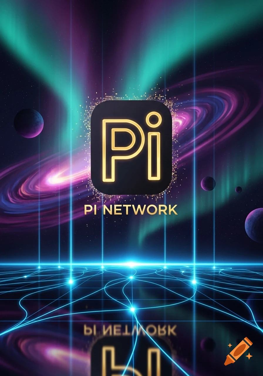 The Pi Network logo and text 'PI NETWORK' against a vibrant, futuristic space background with auroras, planets, and glowing data lines.