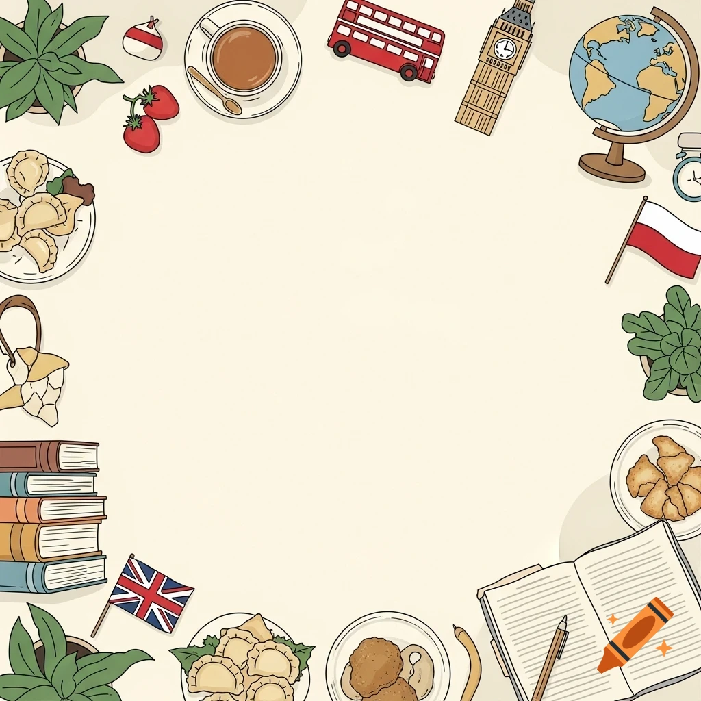 Minimalistic flat-lay illustration of British and Polish cultural items like Big Ben, red bus, flags, pierogi, tea, books, and a globe, arranged around an empty center on a cream background.