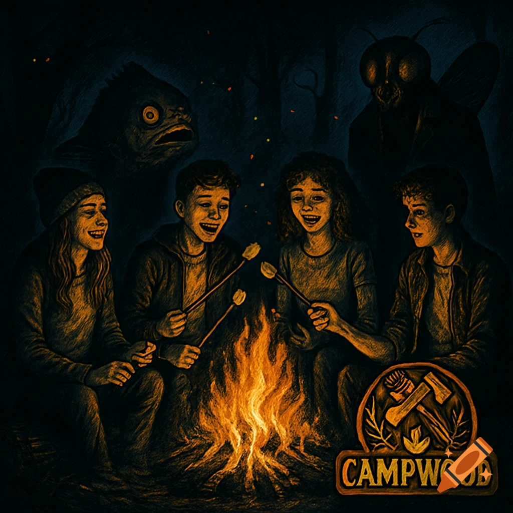 Four teens roast marshmallows by a campfire in a dark, spooky forest, overlooked by a fish monster and a fly-man. A CampWood logo is present.