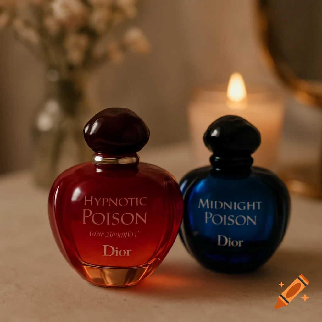 Two Dior perfume bottles, red Hypnotic Poison and blue Midnight Poison, on a table with a lit candle and flowers.