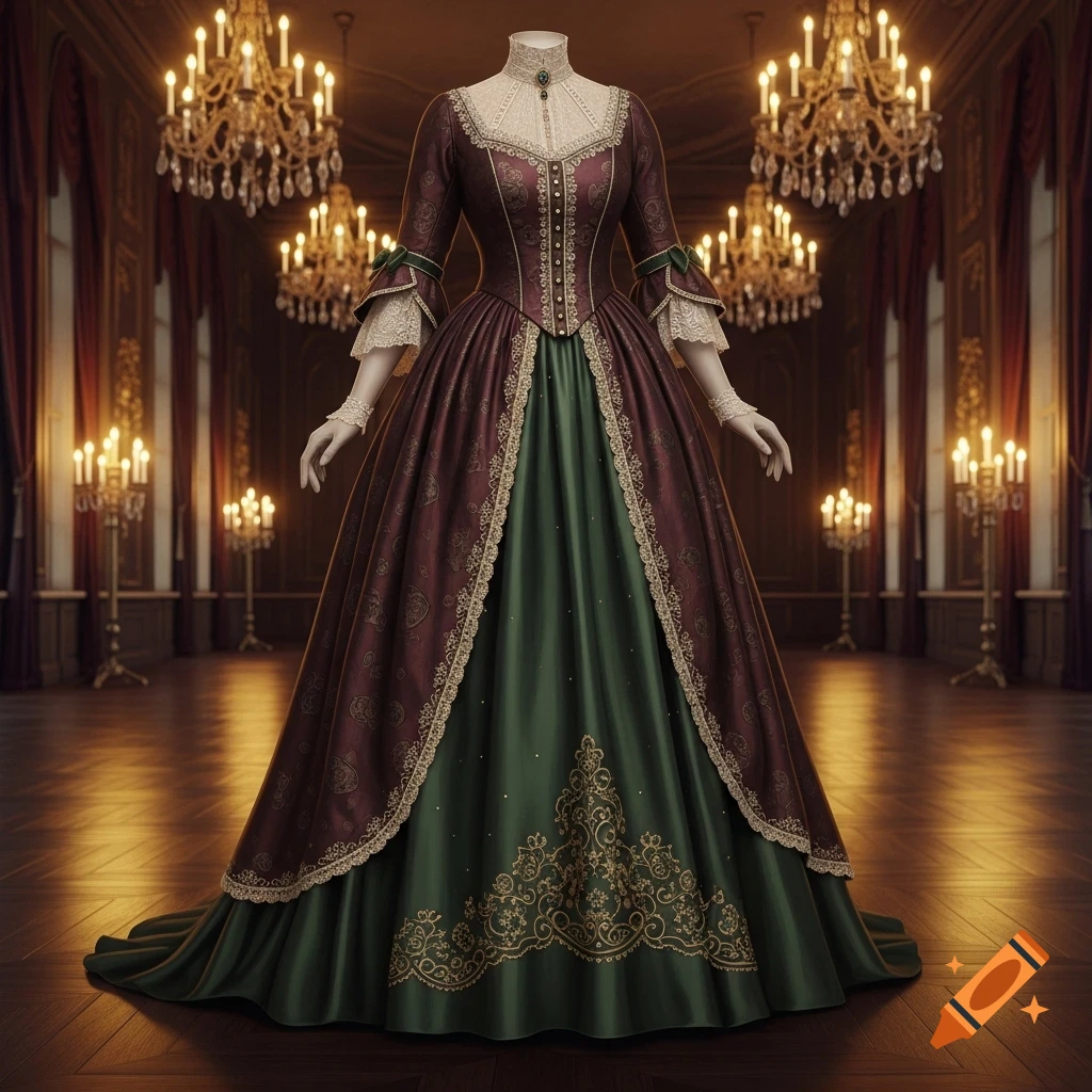 A maroon and green historical gown with lace and gold embroidery, on a mannequin in a grand ballroom with chandeliers.