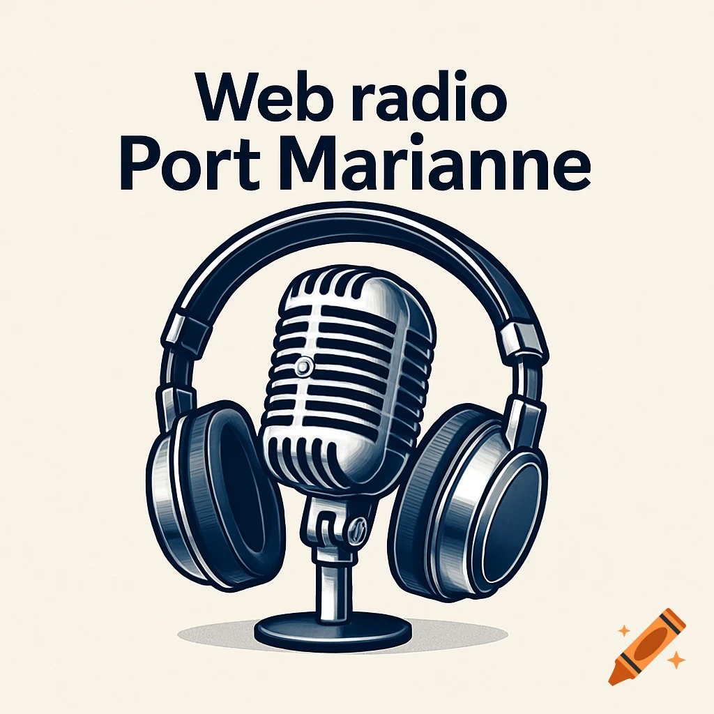 An illustration of a retro microphone and over-ear headphones, forming a logo for 'Web radio Port Marianne'.