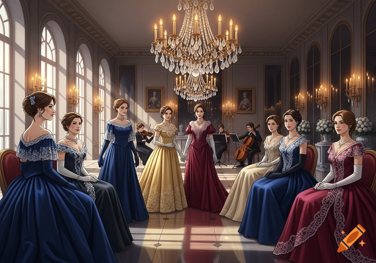 Elegant women in elaborate ball gowns gather in a richly decorated ballroom with chandeliers and musicians, in a classic illustration style.