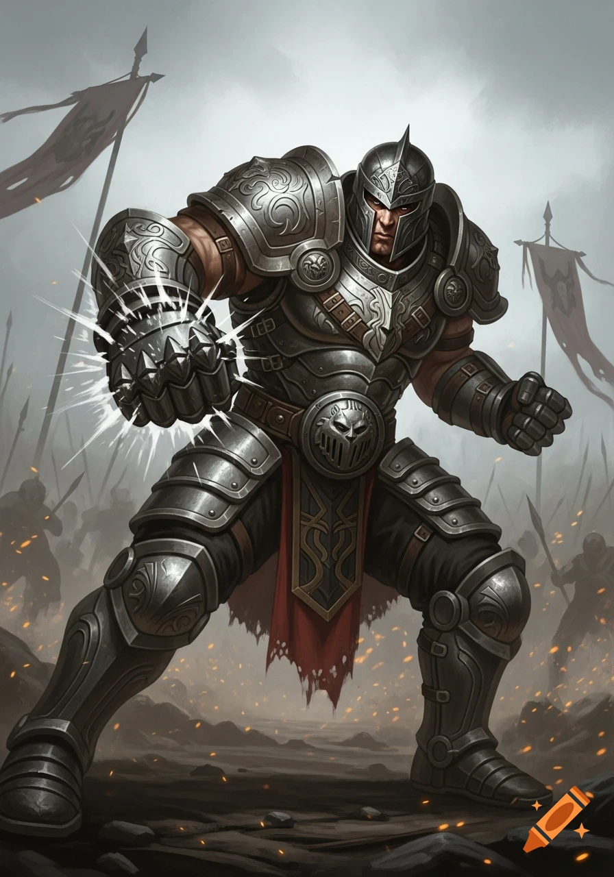 A powerful fantasy warrior in ornate silver armor and helmet clenches a glowing fist, ready to fight on a battlefield with banners and distant soldiers.