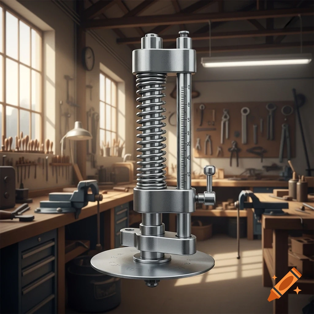 A shiny metal spring-loaded tool with a disk-shaped base stands upright in a sunlit workshop, with various hand tools and workbenches visible in the background.