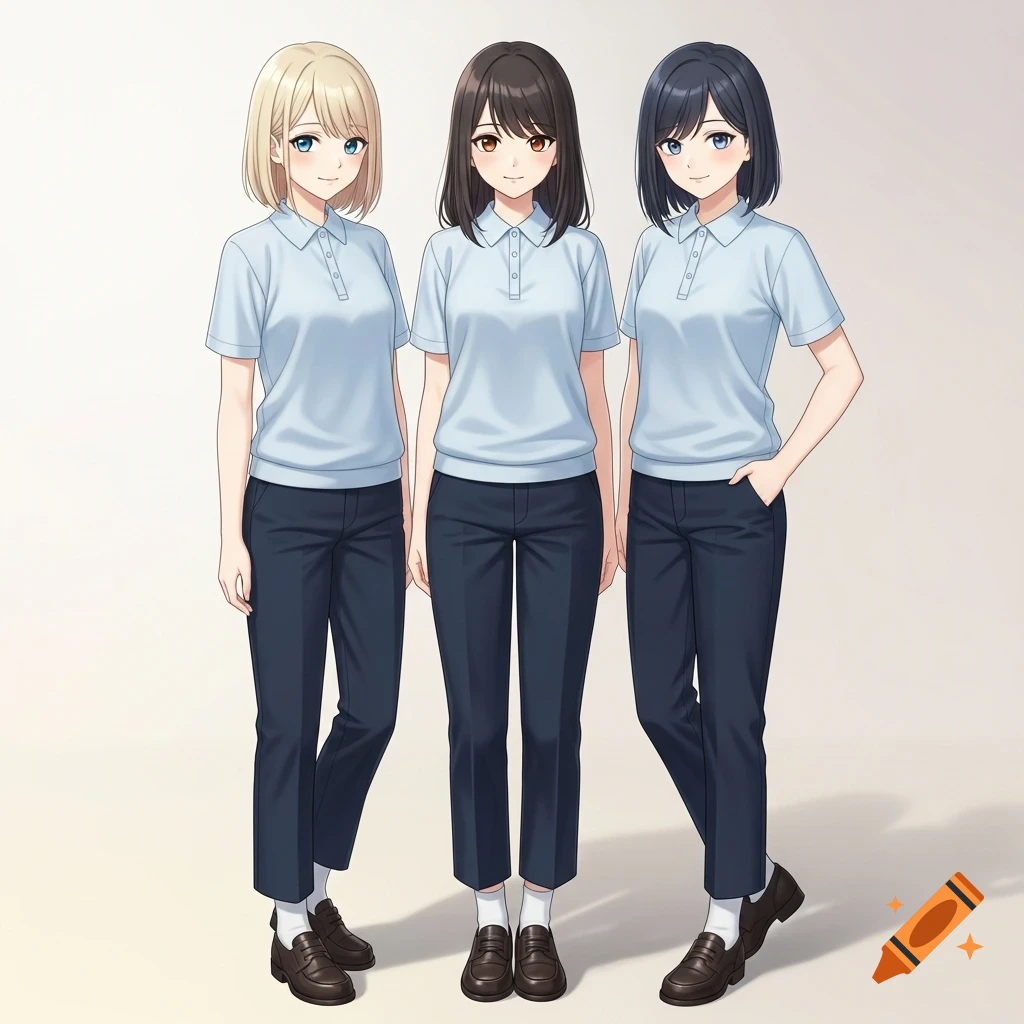 Three anime girls stand in pale blue polo shirts, navy pants, white socks, and dark loafers. One has blonde hair and blue eyes, another has brown hair and brown eyes, and the third has dark hair and pale blue eyes.