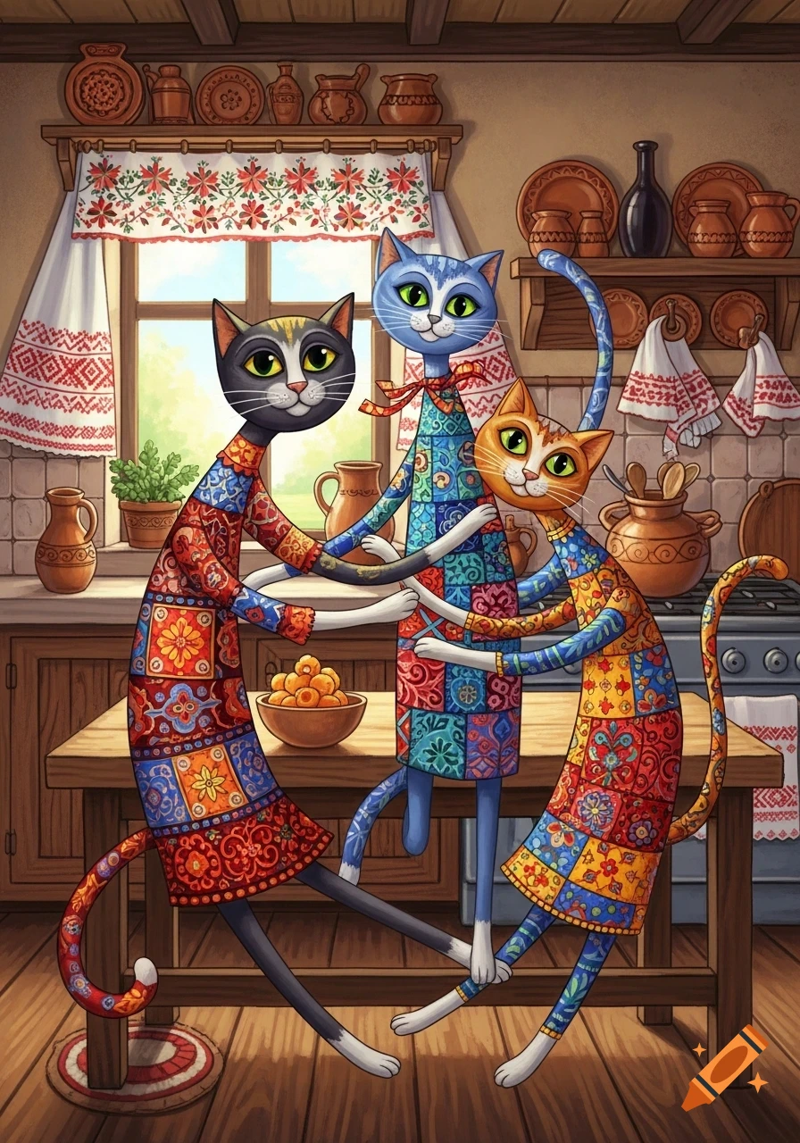 Three vibrantly patterned folk art cats in colorful clothes hug in a rustic kitchen setting.