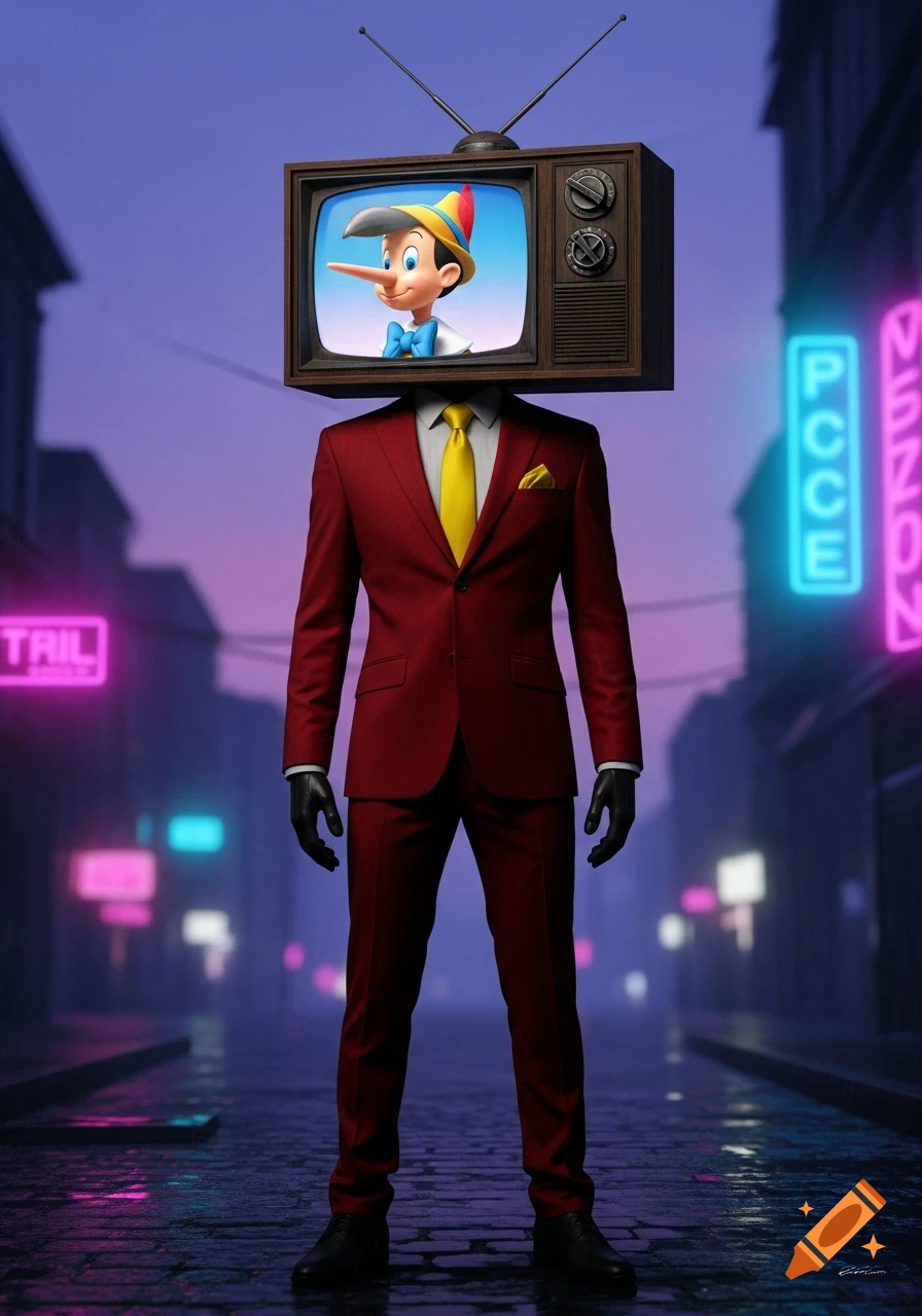 A man in a red suit and yellow tie stands in a neon-lit street with a vintage TV for a head, displaying Pinocchio with a long nose.