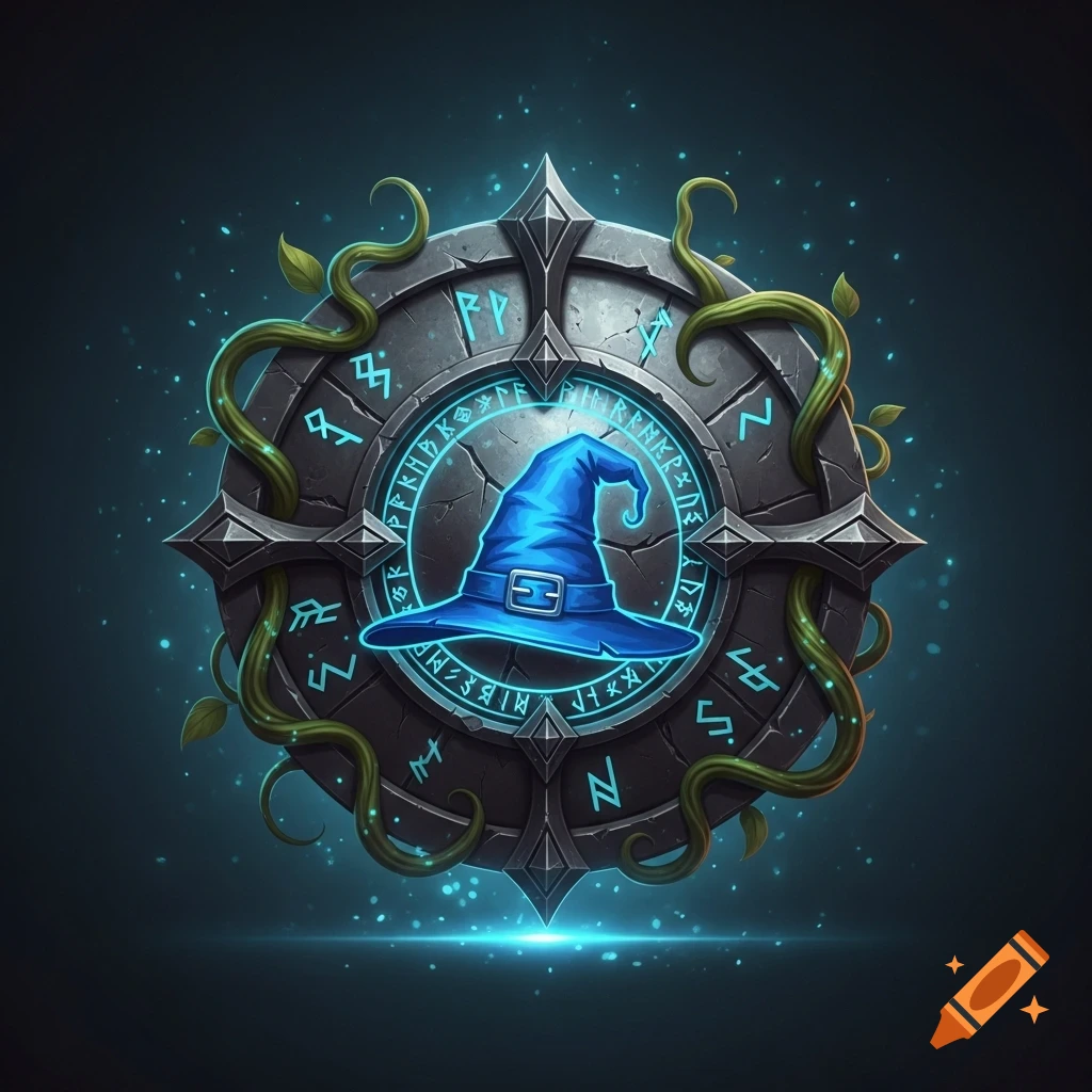 A dark fantasy game emblem with a blue wizard hat on a metallic shield, surrounded by glowing runes and twisting vines.