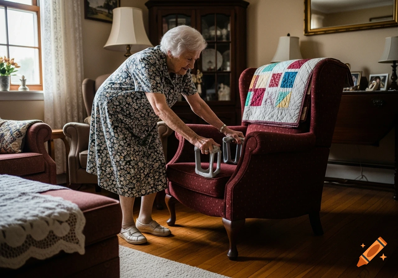 An elderly woman with white hair uses the armrests of a red armchair for support as she stands up in a cozy living room.