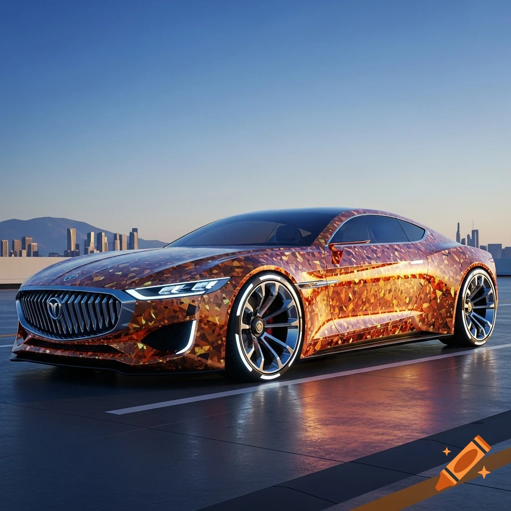A luxurious concept car with an orange diamond-textured body, parked on a rooftop against a city skyline at sunset.