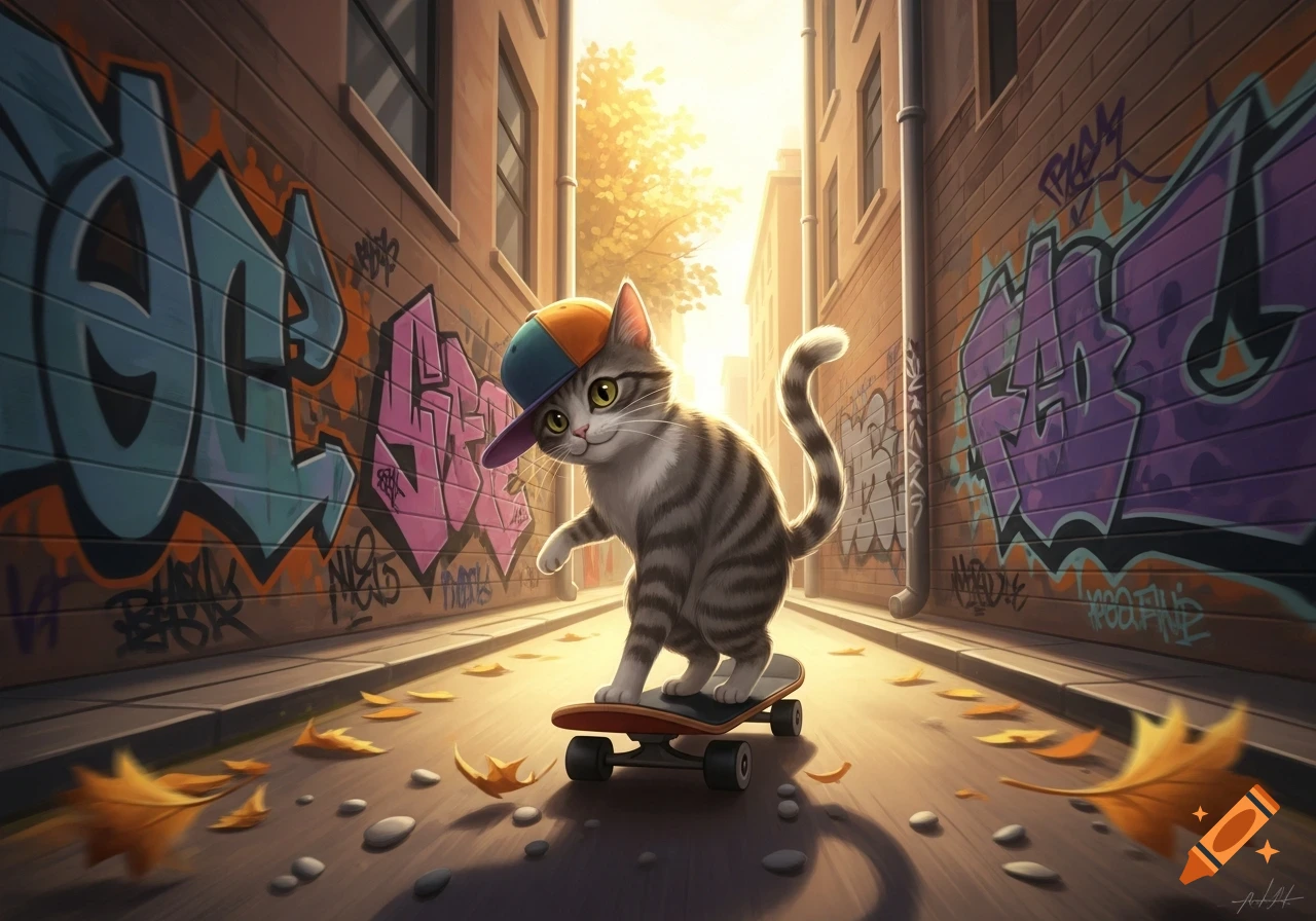 A cute cartoon tabby cat in a baseball cap rides a skateboard down a sunlit alley with graffiti-covered walls and fall leaves.