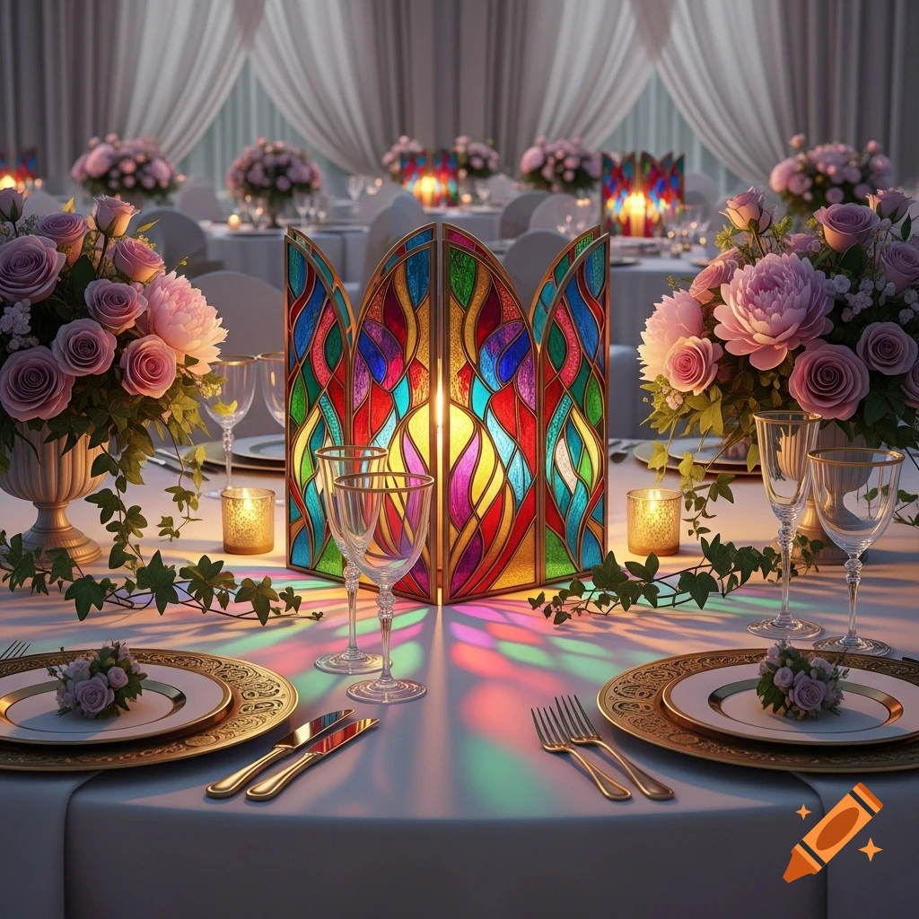A wedding table with a colorful stained glass centerpiece, pink floral arrangements, gold-rimmed plates, and wine glasses, casting vibrant light.