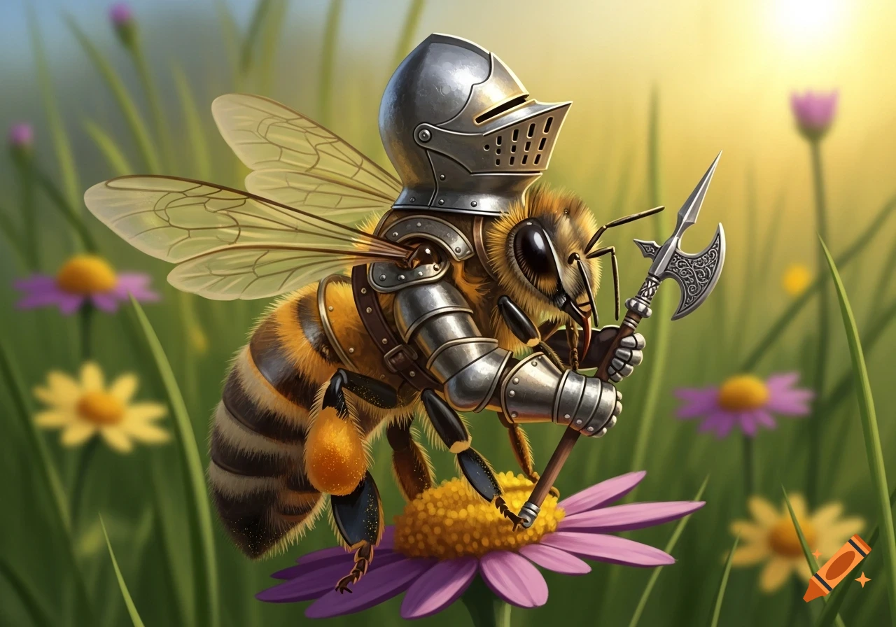 A detailed honey bee wearing full medieval knight armor and holding a halberd, perched on a purple flower in a sunny field.