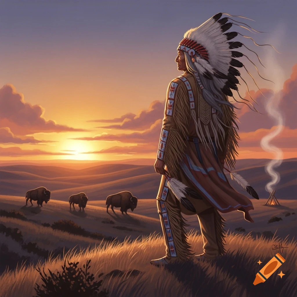 Native American man in traditional attire watching bison at sunset in a vast landscape, digital painting.