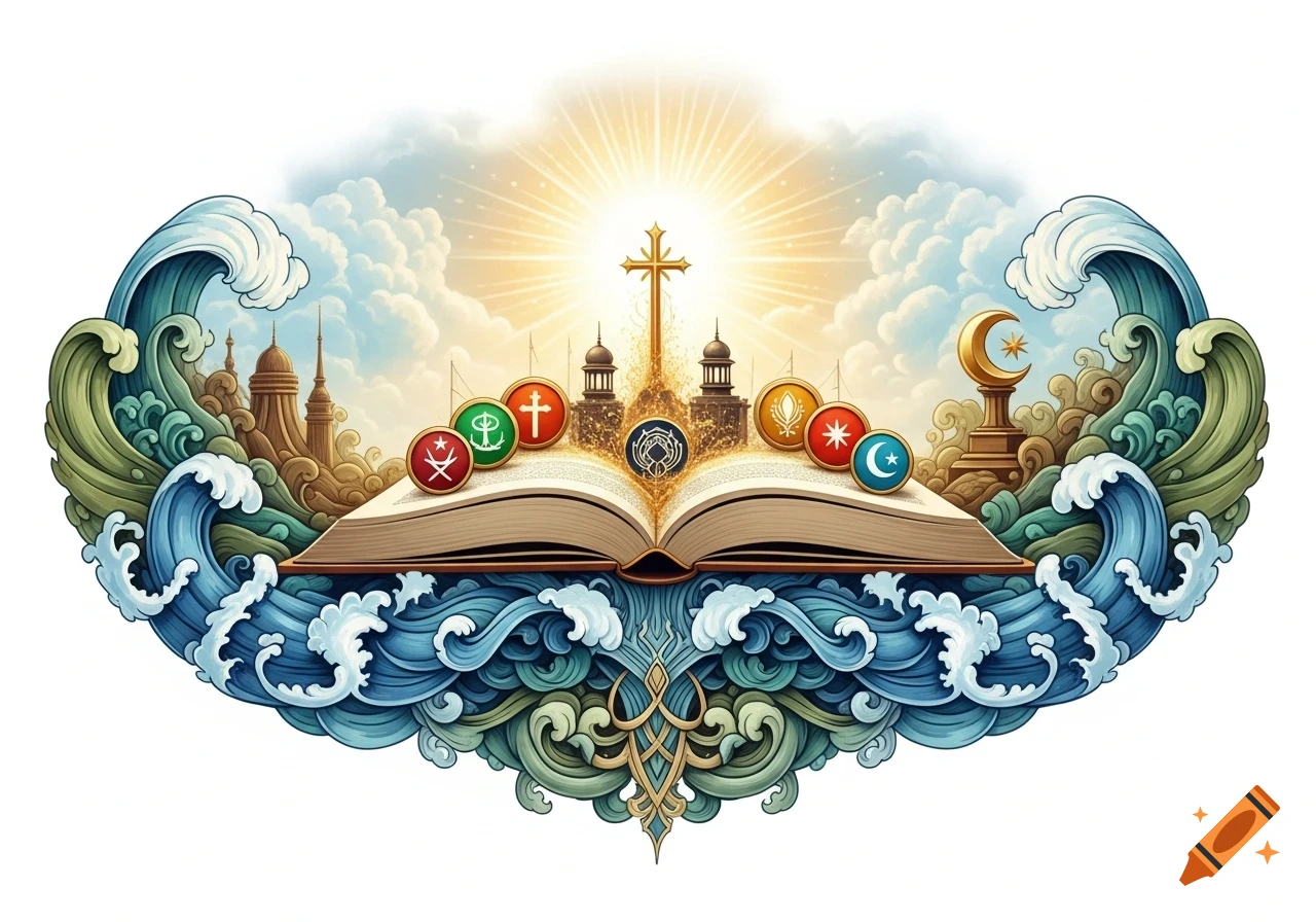 Open Ritual Book Vector Stylized illustration of an open book with various religious symbols ...
