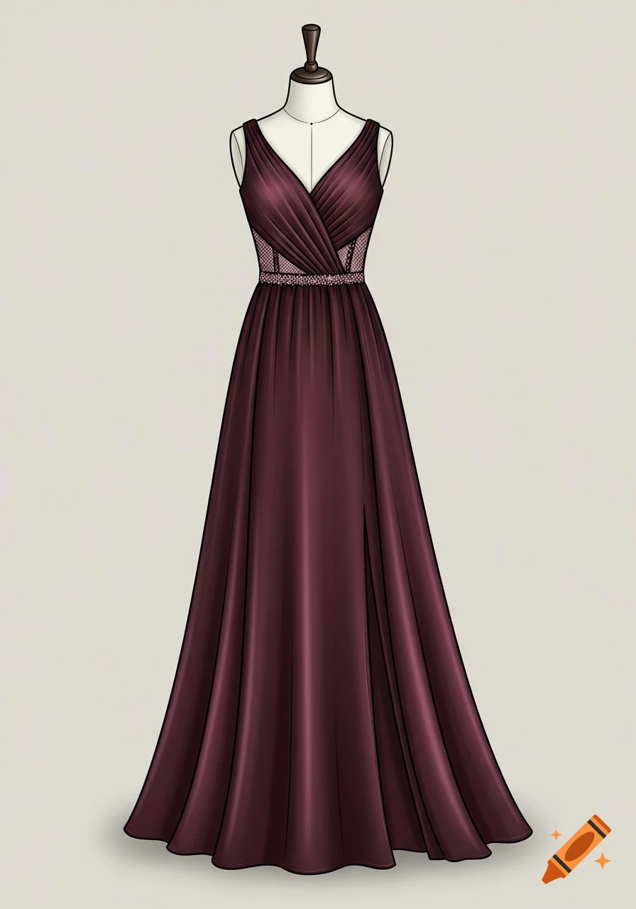 A fashion illustration shows a deep burgundy A-line ball gown with a V-neck, thin straps, mesh side panels, and a beaded waistline on a dress form.