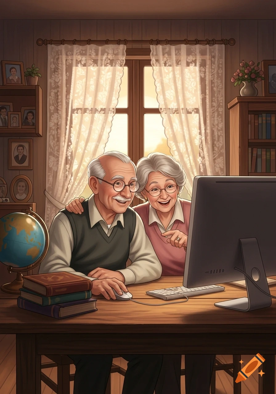 An elderly couple happily uses a desktop computer, the man with a mouse, the woman pointing at the screen, in a cozy home setting.