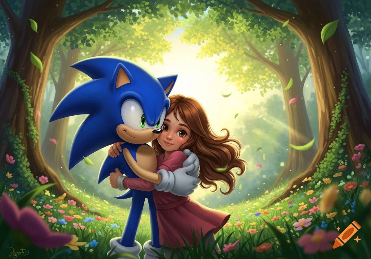 Sonic the Hedgehog hugs a human girl with brown hair in a bright, flowery forest.