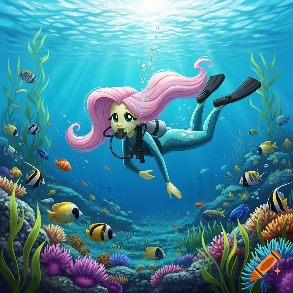 Cartoon Fluttershy from Equestria Girls scuba diving in a vibrant coral reef, surrounded by colorful fish.